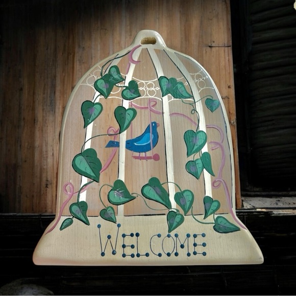 Blue Bird Of Happiness Cage Welcome Sign Wooden Decor Hanging Ivy Handpainted - Picture 1 of 12